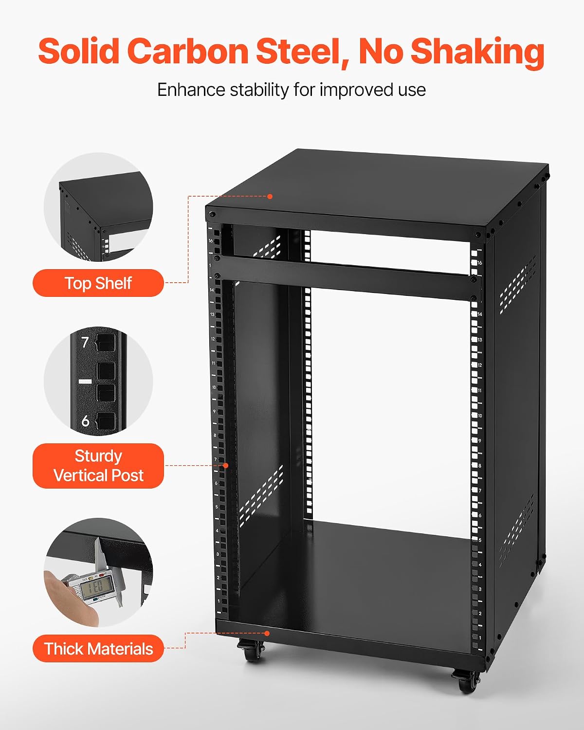 VEVOR 16U AV Rack with 4 Wheels, Network Server Rack Recording Studio Rack - Image 4