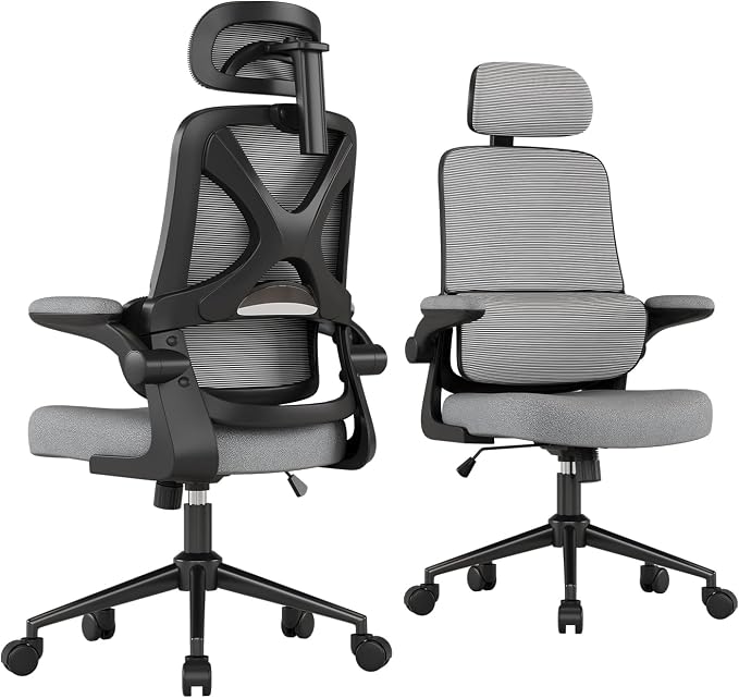 Ergonomic Office Chair - Desk Chair with Adjustable Headrest Lumbar Support Computer Chair - Mesh Comfy Chair with Flip-up Armrests - Gaming Chairs for Adults Home Office 330 LBS (Black+Gray) by Apusen