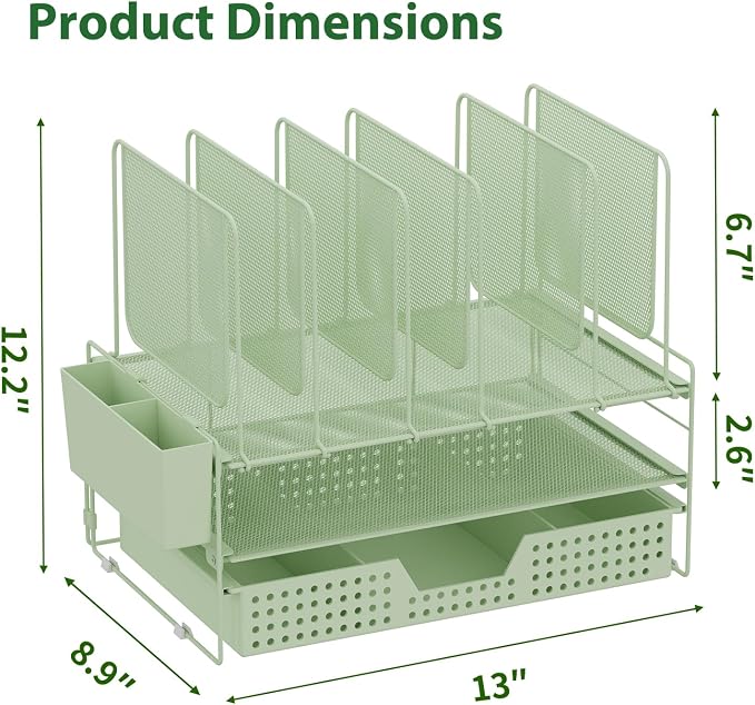 LEKETREE Green Desk Organizer, Office Organization with Vertical File Holder, File Organizer with Drawer and Pen Holder, Desk Accessories and Workspace Organizers for Home Office (Green) - Image 7