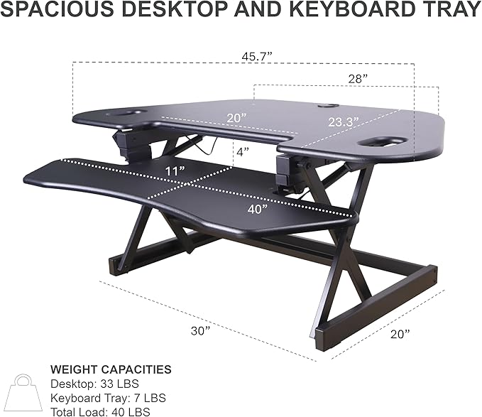Rocelco 46" Height Adjustable Corner Standing Desk Converter with AC Outlet USB Charger and Dual Monitor Arm Mount - Stand Up Tabletop Riser Workstation - Keyboard Tray - Black (R CADRB-46-ACUSB-MA2) - Image 3