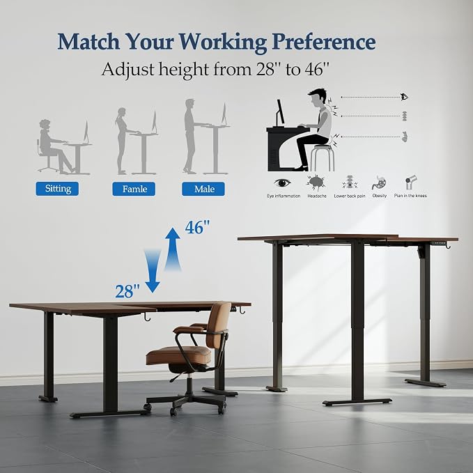Klicelor L Shaped Standing Desk 63 x 55 Inch, Electric Height Adjustable Corner Desk for Home Office Workstation, Ergonomic Sit Stand Computer Table with Memory Controller, Dark Walnut - Image 4