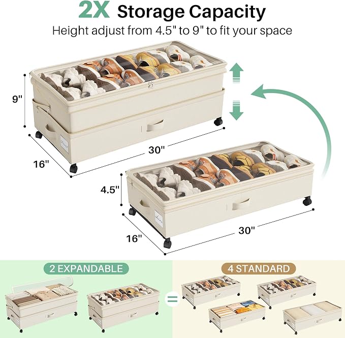 Kitstorack 2Pack Height-adjustable Under Bed Storage with Wheels, Under Bed Storage Containers,Under Bed Shoe Storage Organizer with Clear Window&Label, Suitable for Clothes Storage, Beige - Image 3