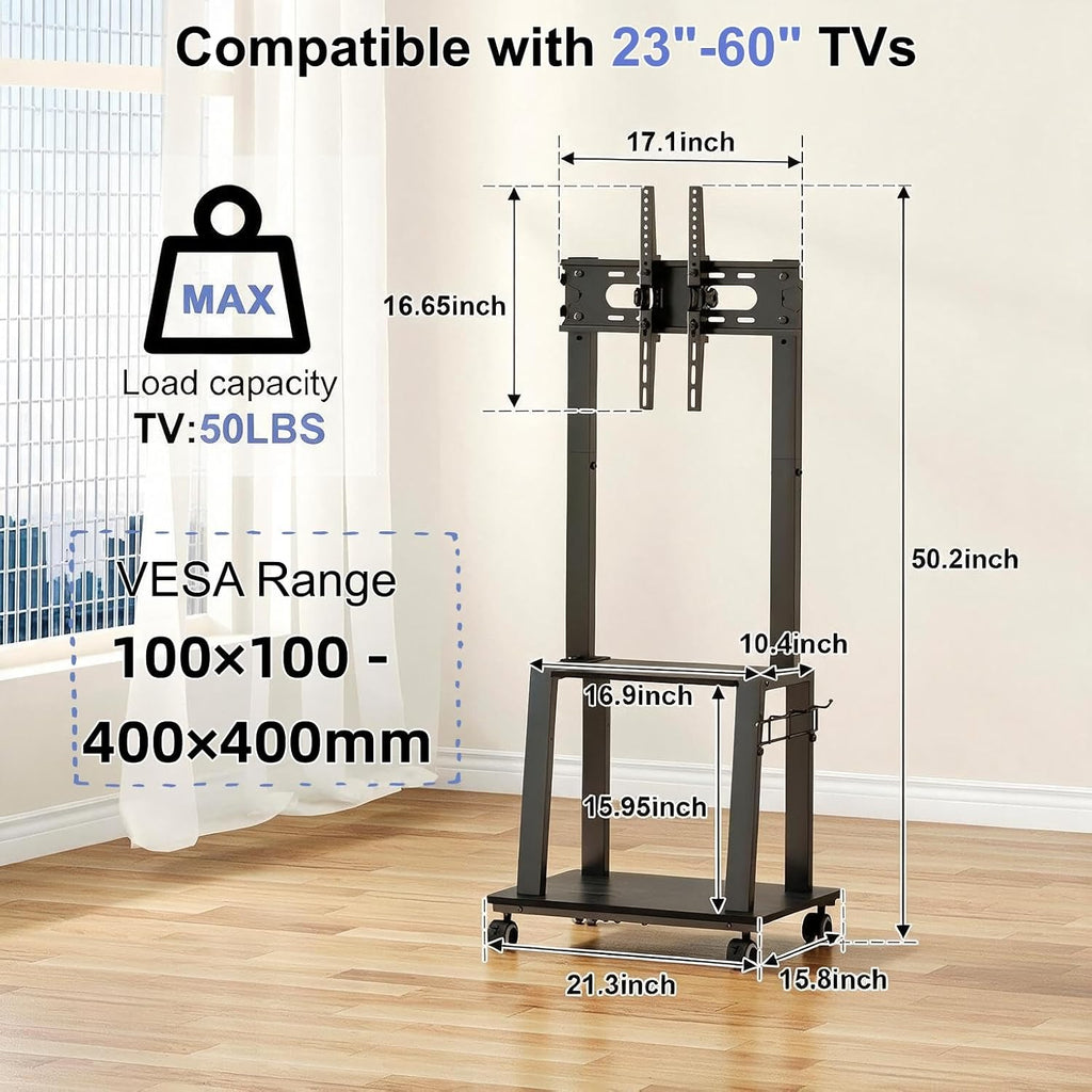 Rolling TV Stand on Wheels for 23-60Inch Flat/Curved Screen TVs,Tilt Mobile TV Cart with 2 Shelves,Portable TV Stand with Adjustable Height Holds up to 50lbs for Indoor Outdoor Max VESA 400x400mm - Image 6