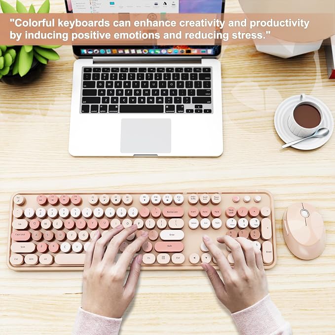 Wireless Keyboard and Mouse, Full-Size Typewriter Keyboard with Retro Round Keycaps, Ergonomic Design, Compatible with Windows PCs, Ideal for Home and Office. (Milk Tea) - Image 6