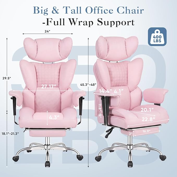 DUMOS Big and Tall Home Office Desk Chair, Executive Chair with Footrest | PU Leather, Ergonomic Comfy Lumbar Support, High Back Reclining, Adjustable Armrests, Pink - Image 3