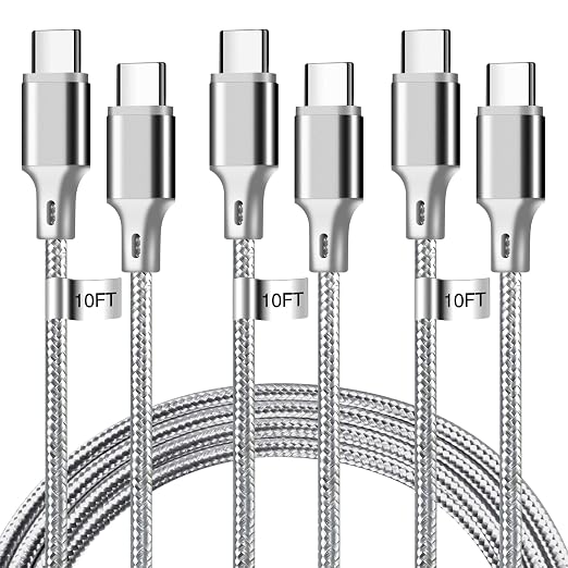 USB C to USB C Cable, 3 Pack 10ft Type C Fast Charger Cord (Gray) | Nylon Braided High-Speed Data Transfer Wire for iPhone 17/16/15 Plus/Pro Max iPad Air Ps5 Controller Samsung Galaxy by CUGUNU
