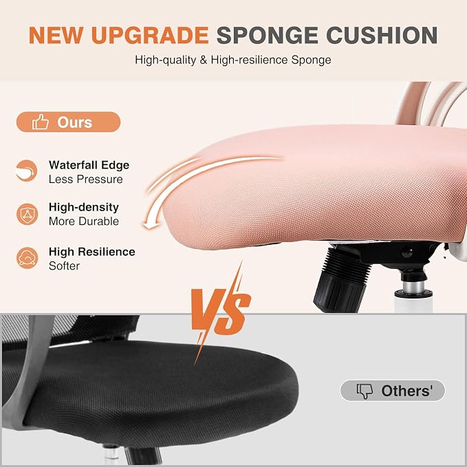 Sweetcrispy Computer Desk Chair, Mesh Office Chair with Lumbar Support | Ergonomic High-Back, Rolling Work, Adjustable Headrests, Flip-up Arms, Home Bedroom Study, Pink - Image 5