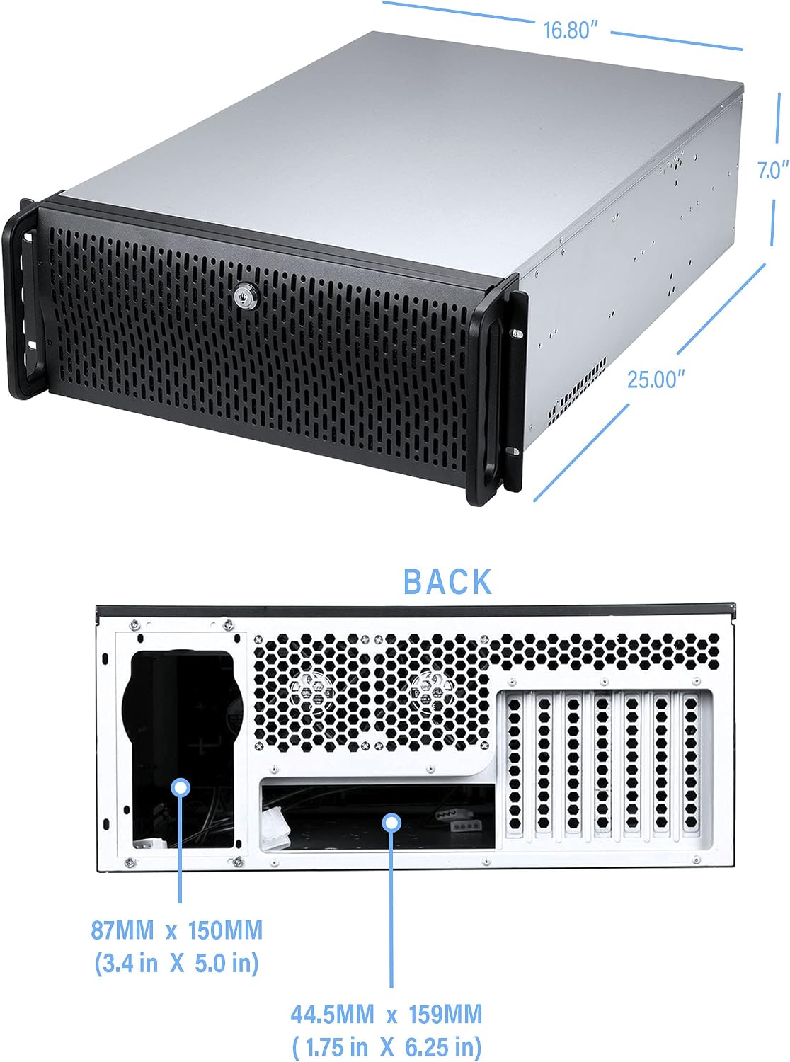 Rosewill 4U Server Chassis Rackmount Case | 8 3.5" HDD Bays, 3 5.25" Devices | E-ATX Compatible | 5 Front 120mm Fans, 2 Rear 80mm Fans | 2X USB 3.0 | Front Panel Lock | Silver/Black - RSV-L4000U - Image 6