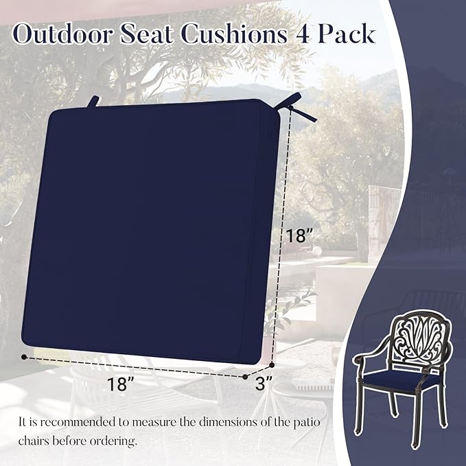 Basic Beyond Outdoor Chair Cushions for Patio Furniture, Waterproof Outdoor Seat Cushions Set of 4 18 x 18, Patio Chair Cushions Set of 4 with Ties and Handle, Navy - Image 6