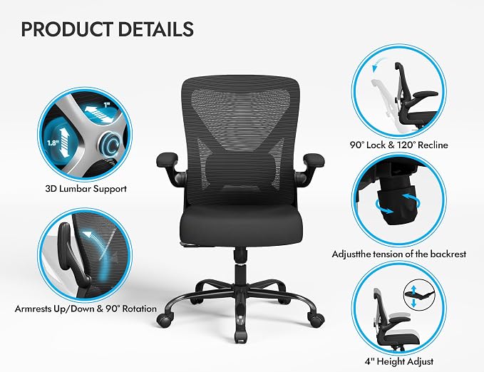 Office Chair: 330LBS Mesh Ergonomic Desk Chair Comfy with 3D Lumbar& Swivel | Ergalithic Computer Chair-Executive Task Work Chairs with Flip-up Arm Home Office Desk Chairs Gaming Chair for Adults(Black) - Image 7
