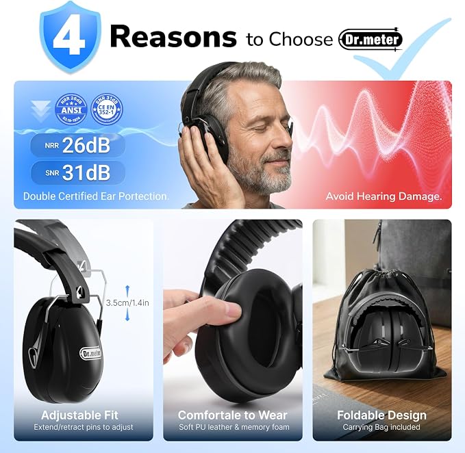 Dr.meter Hearing Protection Ear Muffs, 31dB Noise Reduction Safety Earmuffs with Adjustable Headband for Adults Kids Autism Sensory, Ear Muff for Yard Work, Mowing or Hunting -Pure Black 2PACK - Image 6
