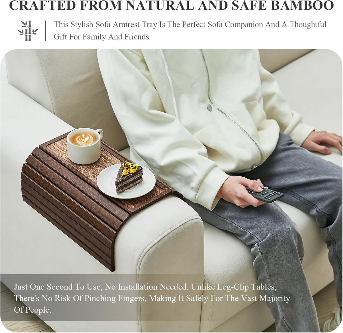 Bamboo Couch Arm Tray Table, Foldable Sofa Arm Tray Brown - Image 2
