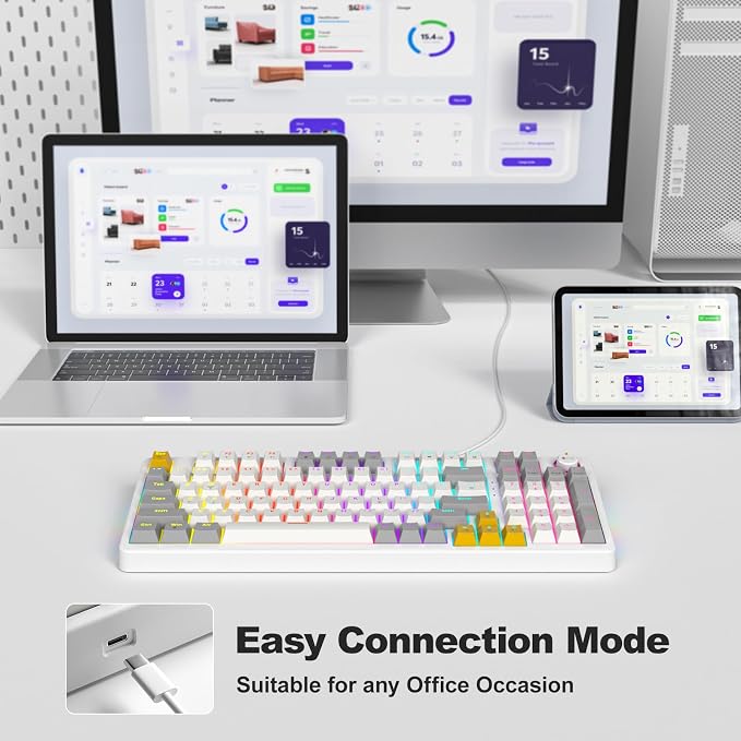 AK96 Smart Mechanical Keyboard Gaming, 96 Keys Full Size with LED Colorful Backlit, Clicky Creamy Sounding, USB Wired Computer Keyboard with Volume Knob for PC, Mac, Windows (White) - Image 3