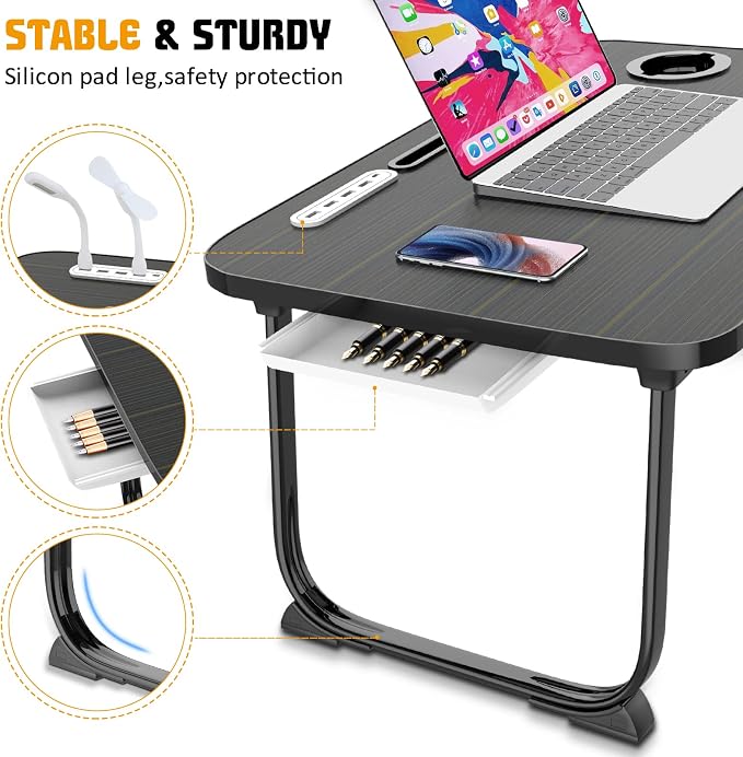 Fayquaze Laptop Bed Desk, Portable Foldable Laptop Bed Table with USB Charge Port Storage Drawer and Cup Holder, Lap Desk Notebook Stand Tray Table Serving Tray for Eating, Reading and Working | Portable, Foldable, Lap Desk with USB Charge Port Storage... - Image 3