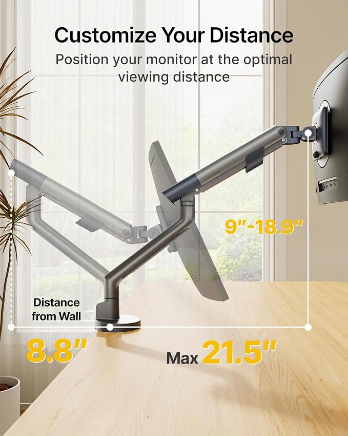 monTEK USB Monitor Arm for 17-40" Screens, 26.4 lbs, Gray | USB ports, mechanical spring, tension indicator, full motion, VESA 75/100, clamp/grommet bases and cable routing - Image 6