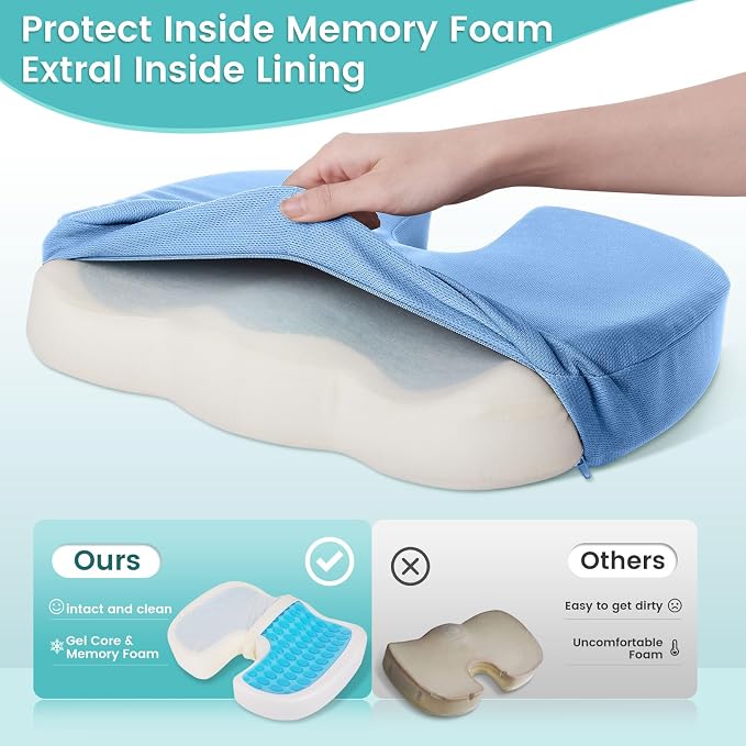 Gel Seat Cushion, Enhanced Memory Foam Cushion for Tailbone Pain, Blue | Cooling Gel for Office Chair, U-shaped Design Chair Cushion for Gaming, Car, Wheelchair, Non-Slip Base, Washable Cover - Image 4
