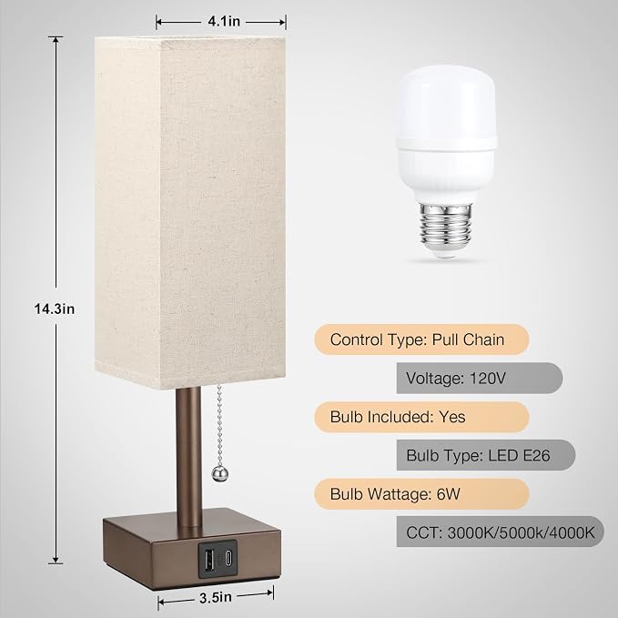 Brown Bedside Table Lamp for Bedroom - Desk Lamp For Nightstand, USB C+A | Pull Chain Lamp, 3 Color Modes(3000K/4000K/5000K), E26 LED Bulb Included, Square Brown Fabric Lampshade, for Read, Work, Dorm - Image 4