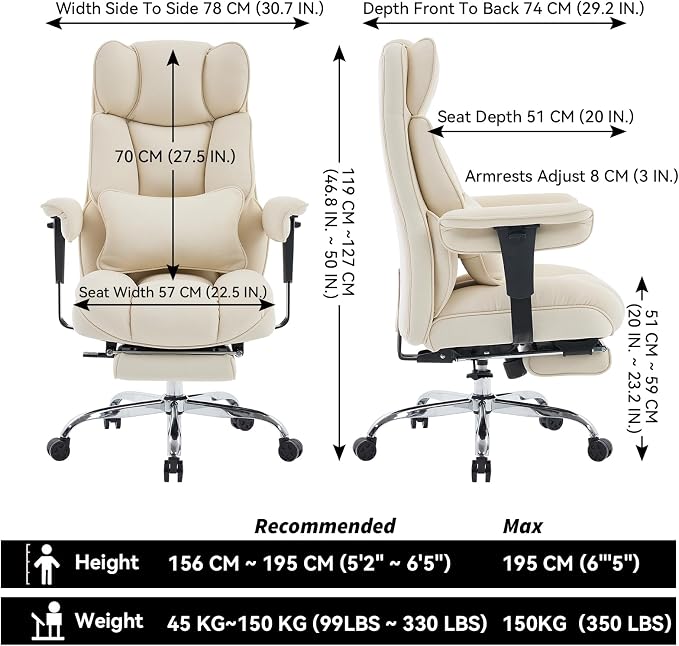 Efomao Executive Office Chair, Beige Fabric Big and Tall Desk Chair | Breathable fabric, pocket spring & foam seat, retractable footrest, 135° recline for computer gaming setup - Image 3