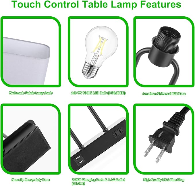 Bedside Touch Control Table Lamps, 3 Way Dimmable Nightstand Lamp | Dual USB Charging Ports 1 AC Outlet, Grey Fabric Shade, Desk Lamp for Bedroom Living Room with 5000K LED Bulb - Image 4