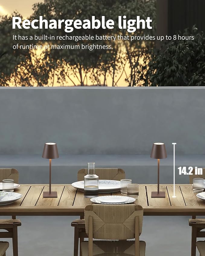 KDG 2 Pack Cordless Brown Table Lamps, Rechargeable Portable LED Desk Lamps | 4000mAh Battery Operated 3 Color Stepless Dimming Up for Restaurant, Bedroom, Outdoor Party, Camping, Coffee Shop, Nightlight - Image 2