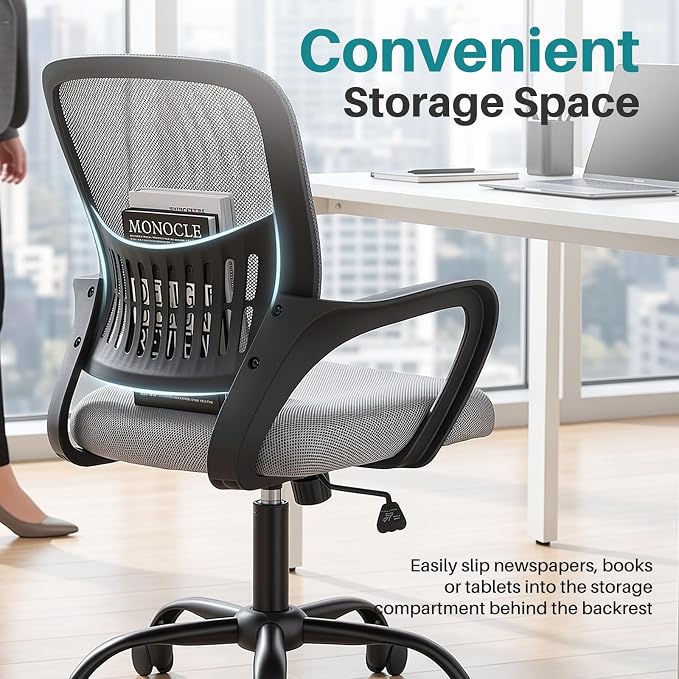OLIXIS Ergonomic Office Desk Chair, Mid-Back Executive Computer Chair | Fixed Armrest, Rocking Mode, Height Adjustable, 360° Rolling Swivel Adults, Student, Grey - Image 4
