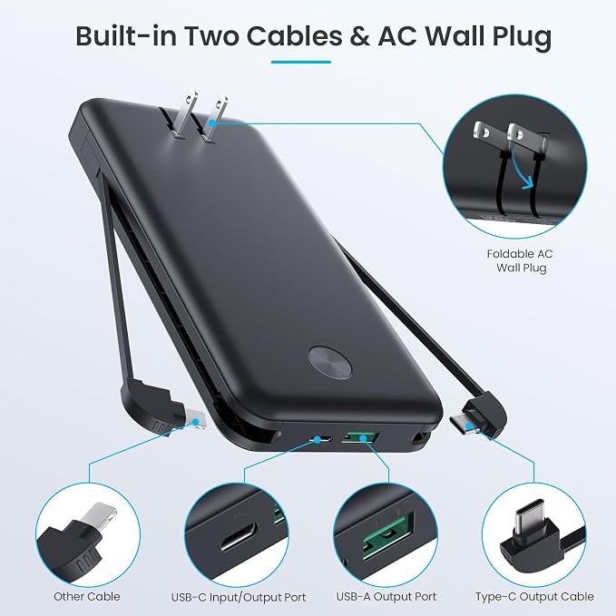 Portable Charger with Built-in AC Plug and Cables,13800mAh USB C Fast Charging Power Bank,Travel Essentials Portable Phone Charger Battery Pack for iPhone 17/16/15/14/13,Galaxy,Android-Graphite Black - Image 2