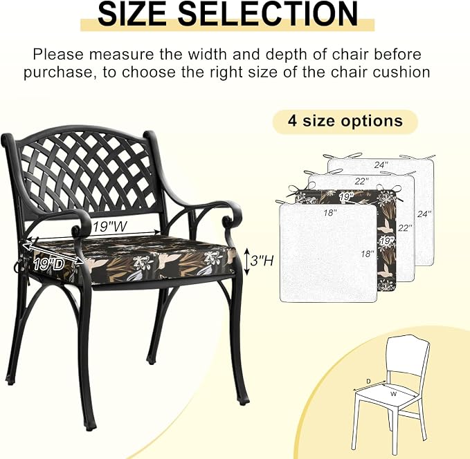 downluxe Outdoor Chair Cushions Set of 4, Waterproof 19" x 19" x 3" Patio Chair Cushion with Non-Slip Ties & Handle, Square Outdoor Cushion for Patio Furniture with Removable Cover, Night Bird - Image 3