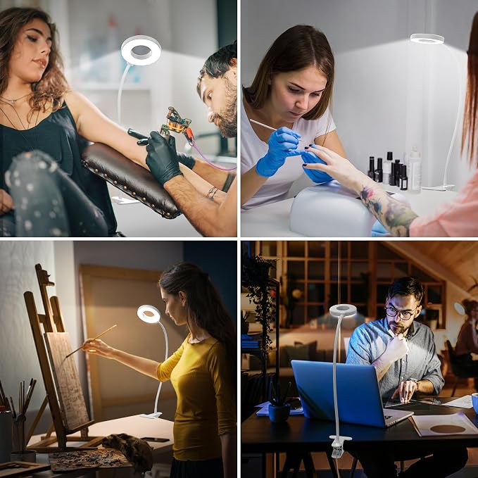 iZELL Book Light, Clip on Reading Light with Silicone Flexible Arm, Dimmable LED Lamparas Clamp on Workbench Desk for Studying Painting Crafting Drawing Makeup Nail Tech Puzzle Task - 27.6‘’ White - Image 7
