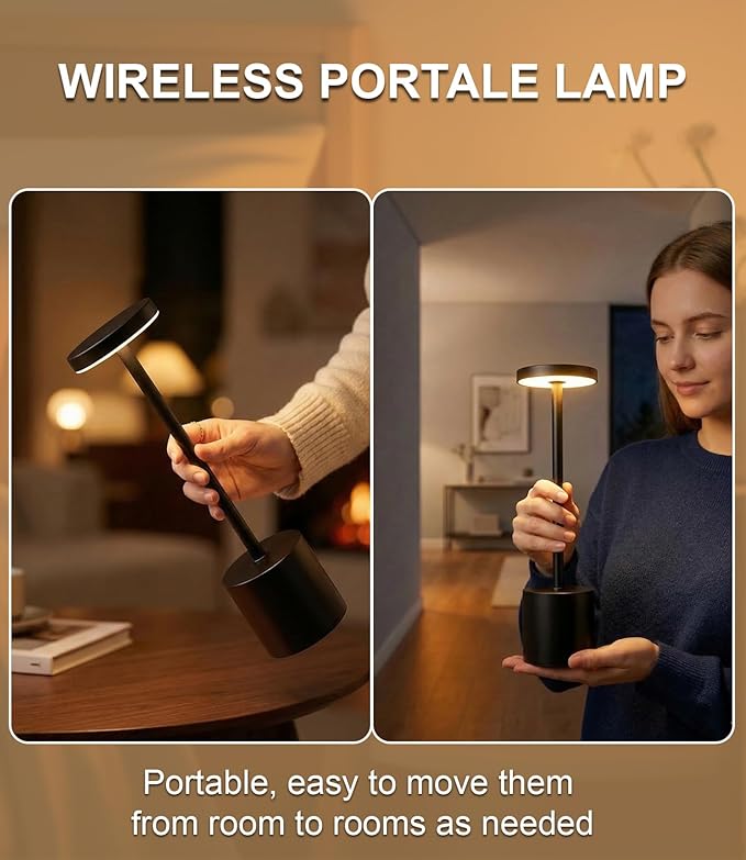 Cordless Table Lamp Set of 2, Rechargeable 5000mAh Battery Operated Outdoor Table Lamps, Portable LED Desk Lamp, 3 Color Dimmable Table Light for Restaurant, Patio, Bedroom, Bedside Night Lamp(Black) - Image 6