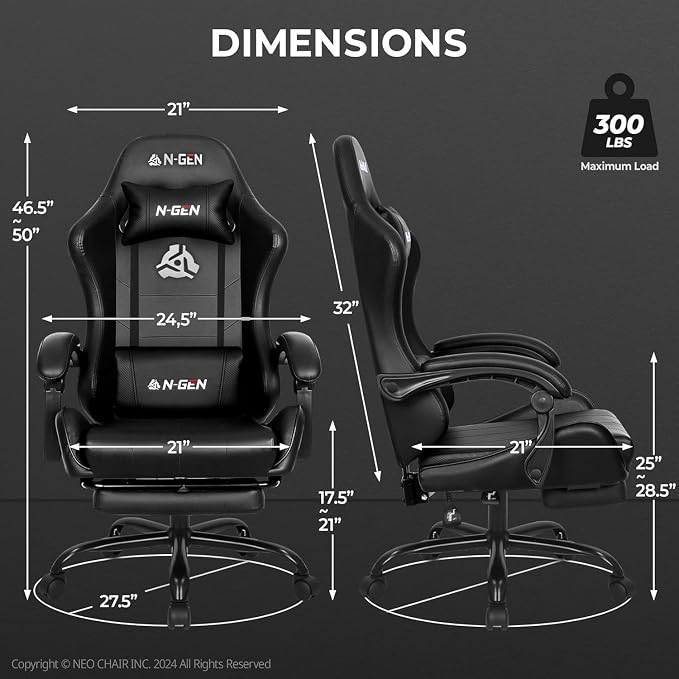 N-GEN GAMING Gaming Chair with Footrest, Lumbar Support, High-Back, Black | Reclining Backrest, Linkage Armrests, Durable PU Leather, Adjustable Comfort for Extended Computer, Desk, or Home Office Use - Image 3