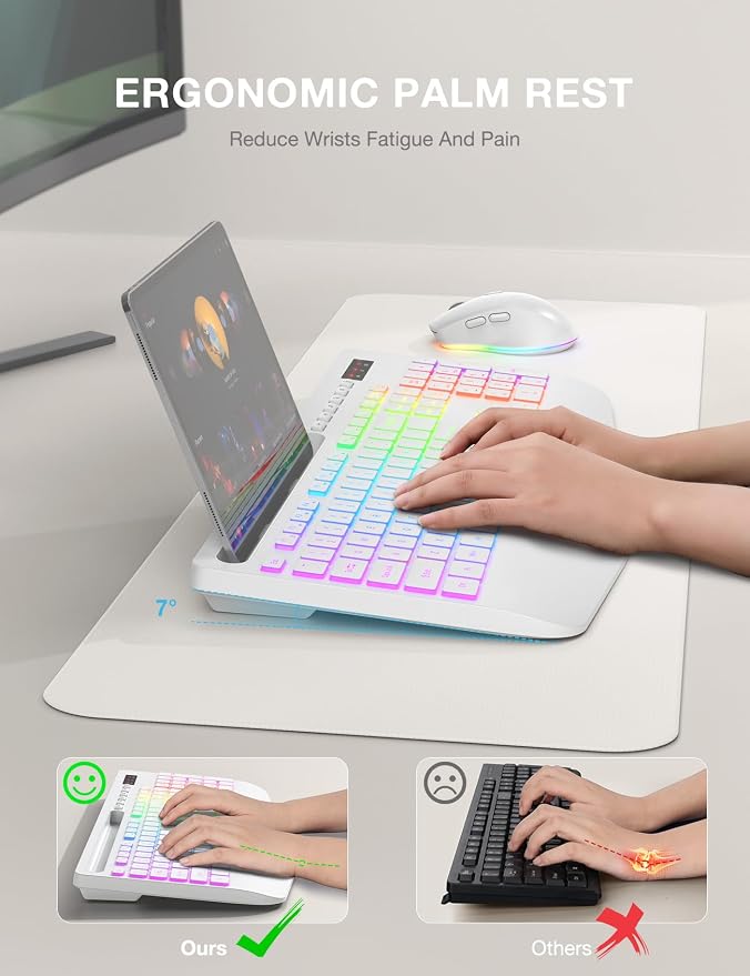 Wireless Keyboard and Mouse Combo - 9 Backlit Effects, RGB, 2.4Ghz | Ergonomic Wrist Rest, Phone Holder, Rechargeable, Full Size, KM22 MAX Silent Set for Computer, Laptop, Mac, Windows (White) - Image 3
