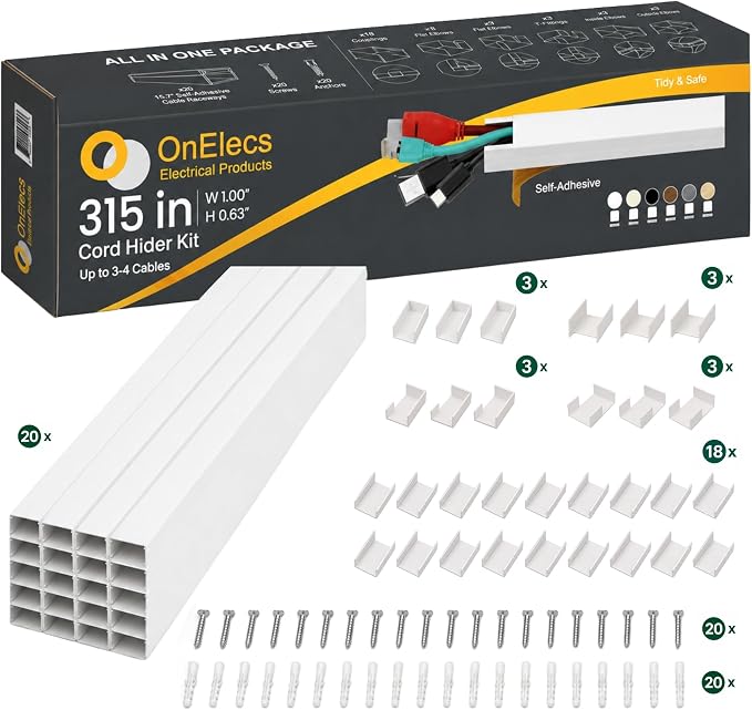OnElecs 315in Cable Raceway Kit, Cord Cover Wall Cord Hider, PVC Wire Hider Wall Mount for TV Computer Office - Self-Adhesive Wire Cover Cable Management Kit, Paintable White Cord Organizer by Unknown