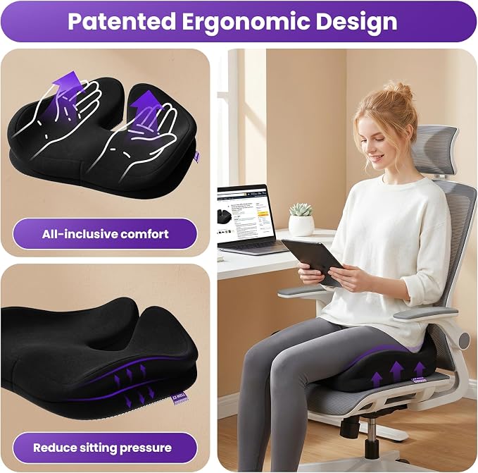 ZZ-WELL Seat Cushion for Office Chairs, Black, 21.2 Inches | Coccyx Cushion for Tailbone Pain, Memory Foam, Extra Large Thick, Patented Pressure Relief, Computer Gaming Chair - Image 8