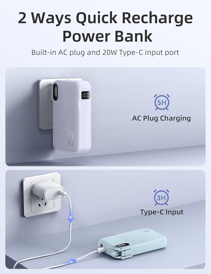 RORRY Portable Charger w/Wall Plug 10000mAh Power Bank 22.5W Battery Pack | Built in Cables, Fast Charging, for iPhone, iPad, Samsung Galaxy, Pixel, LG, Travel Essential, Digital Display, Pocket Size - Image 6