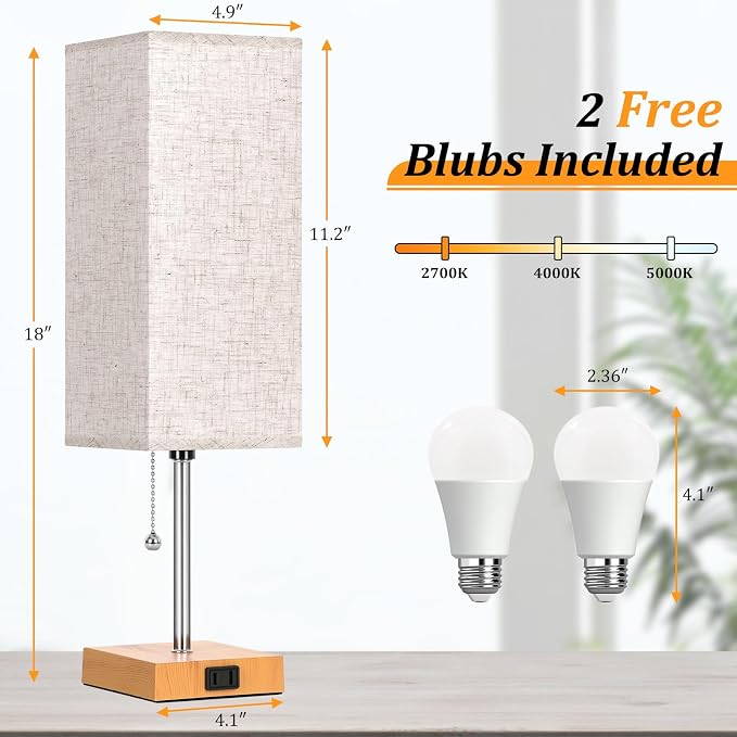 18'' Table Lamp for Bedroom set of 2,3-Color Bedside Lamps with Pull Chain | Table Lamps for Nightstand with AC Outlets,Night Light Lamps with 2 Bulbs Lamps for Living Room Kids Room Office Decor（Wood） - Image 4