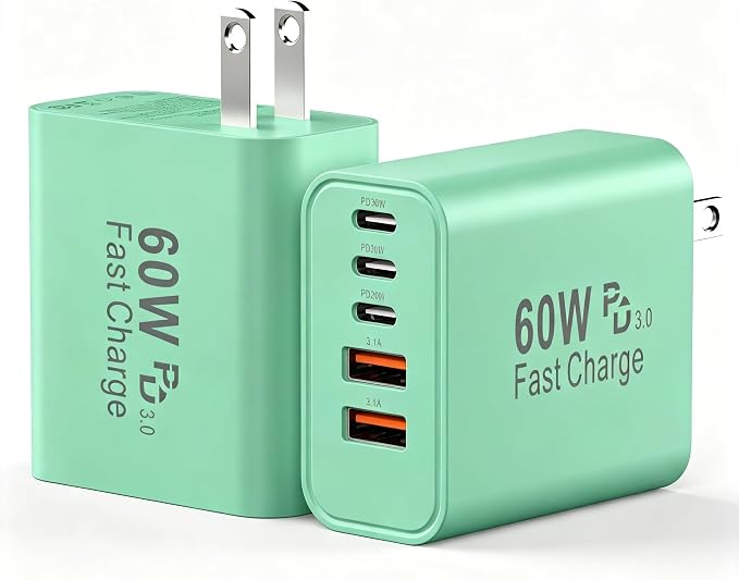 USB C Charging Blocks, 60W USBC Wall Fast Charger Block, Type C Phone USB C Charger Fast Charging Brick, 5-Port Multiport Charger Plug Power Adapter for Phone 17/16/15/14/13 Pro Max, Pad,S25-DeepGreen by Duloch