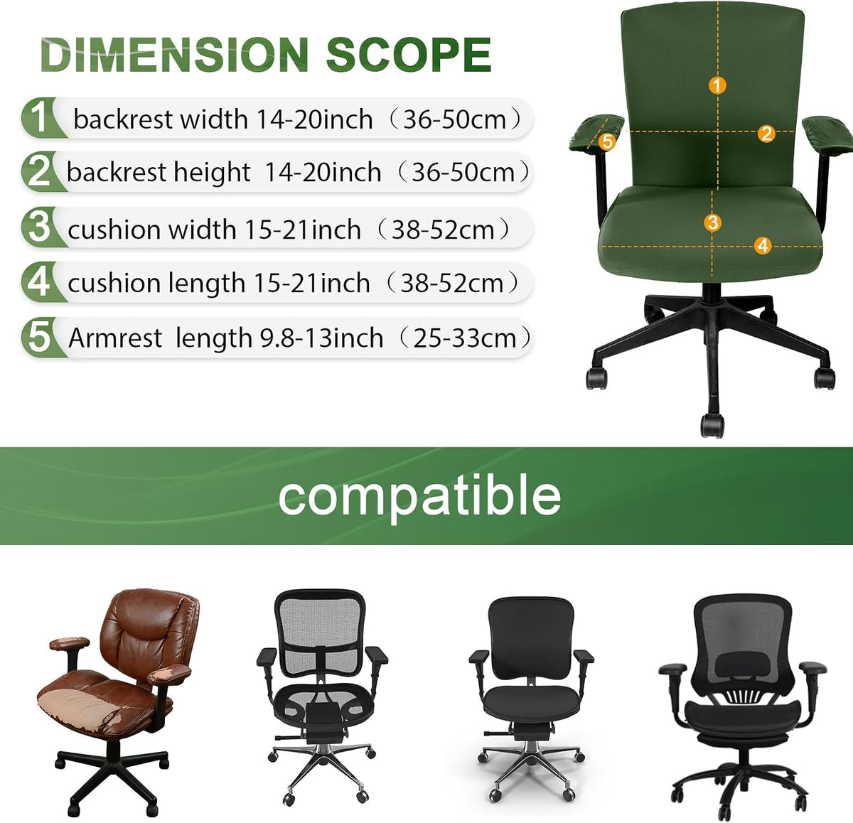 4 Pcs Office Chair Covers Set Computer Universal Protective Stretchable Chair Seat Covers Desk Armrest Cover Slipcovers Pads Office Cushion Backrest for Rotating(Regular,Blackish Green) - Image 2