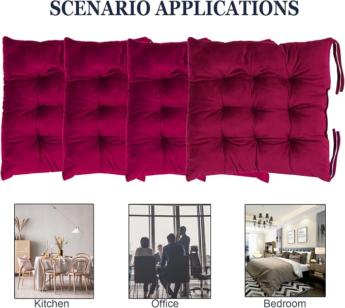 Set of 4 Chair Cushions for Dining Chairs with Ties, Indoor Non-Slip Kitchen Chair Pad and Dining Room Seat Cushion Mat for Office Living Room Outdoor 15.5" - Burgundy - Image 5