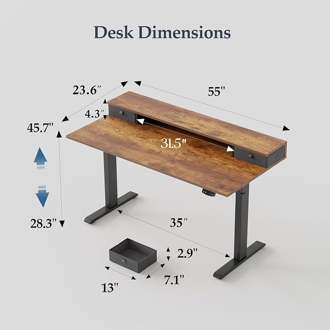 Klicelor 55 x24 Inch Electric Standing Desk with Drawers, Adjustable Height Small Sit Stand Desk for Home Office, Compact Computer Workstation with Storage– Rustic Brown - Image 3