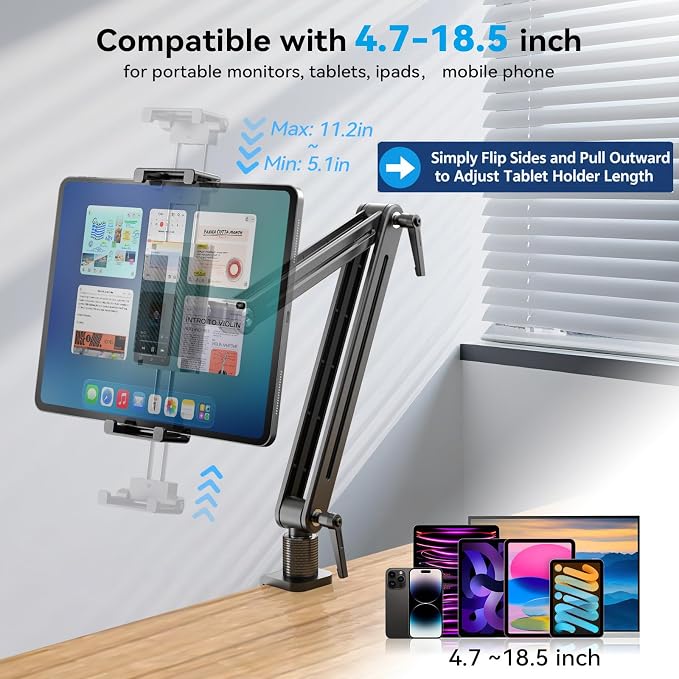 Portable Monitor Arm Mount Holder Screen Stand 18.5" 360° Rotating Base | Solid Aluminum,Tool-Free Tilt,No Sagging,Zero Plastic Joints,Hybrid Lock,Desk Protection Clamp for WFH Setups & Coding - Image 2