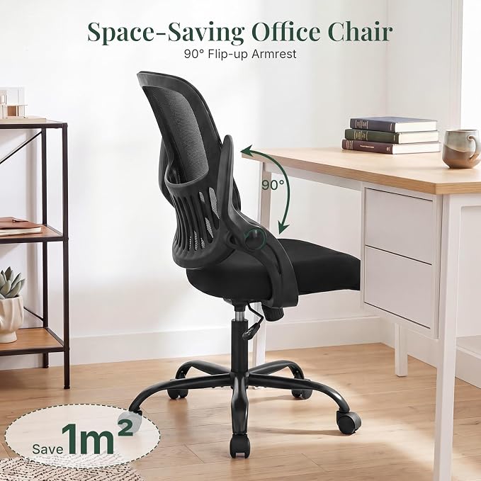 Home Office Desk Chair with Flip-up Armrest, Computer Chair | Lumbar Support, Height Adjustable, Mesh Mid-Back, Ergonomic Task Gaming Chair with 360° Swivel Wheels for Adults, Black - Image 5