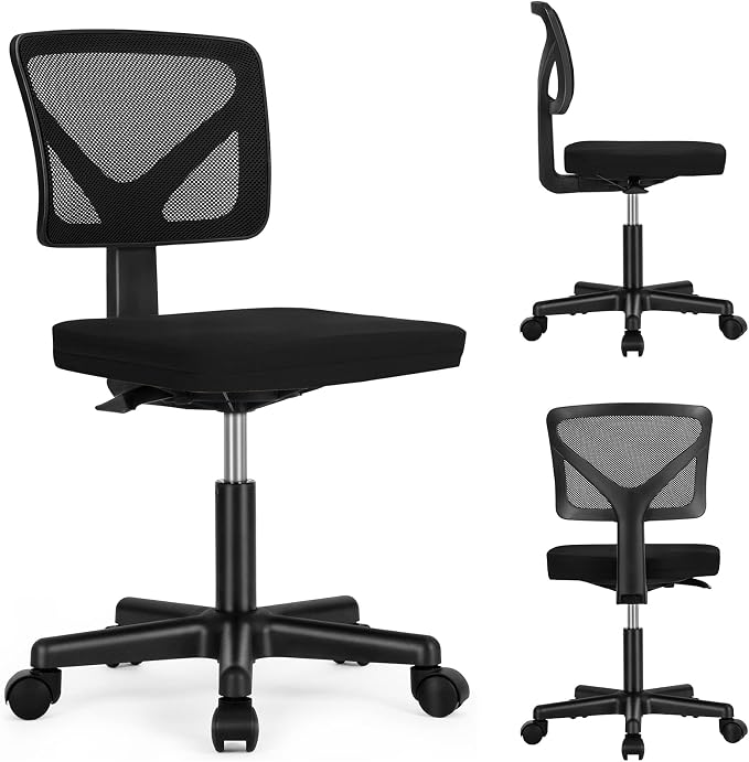 Sweetcrispy Small Armless Desk Chair, Mesh Rolling Office Chairs | Adjustable Ergonomic Lumbar Support, Low-Back, Swivel Wheels, Home Work, Bedroom, Study, Student, Adults, Classic Black - Image 7