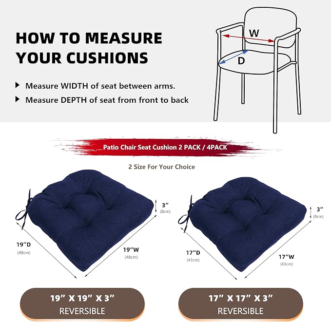 RACE LEAF Outdoor Seat Cushions Set of 2, 19" x 19" Square Patio Cushions, Plump Filling Tufted Water-Resistant Olefin Chair Seat Cushion with Ties for Non-Slip Support, Navy - Image 4