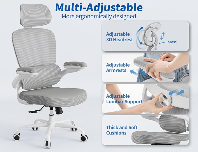 TRALT Office Chair Ergonomic Desk Chair - Gaming Chair with Lumbar Support | 330 LBS Home Office Desk Chairs with Headrest, Reading Chair with Flip-up Armrests, Comfortable Computer Chairs (1, Grey PU) - Image 4