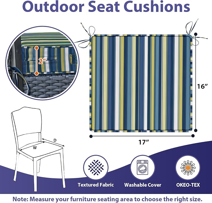 IPYNBAP Outdoor Chair Cushions Set of 4 -Waterproof Outdoor Seat Cushions for Patio Furniture, Patio Chair Cushion with Handle and Ties, Out Door Chair Pads,17x16x2-Square, Blue Stripe - Image 6