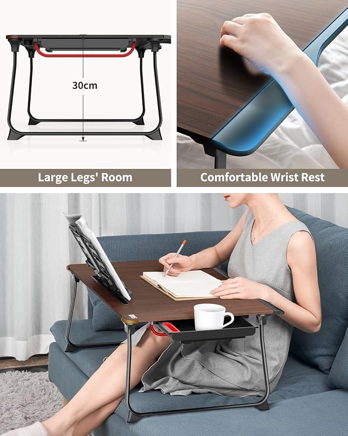 SAIJI Laptop Desk for Bed, XX-Large Foldable Bed Tray Table, 25.6" x 19.3" | Laptop Table for Eating Breakfast, Writing Working Gaming Drawing with Storage Drawer, Bookstand, Tablet Stand, Black Cherry - Image 5