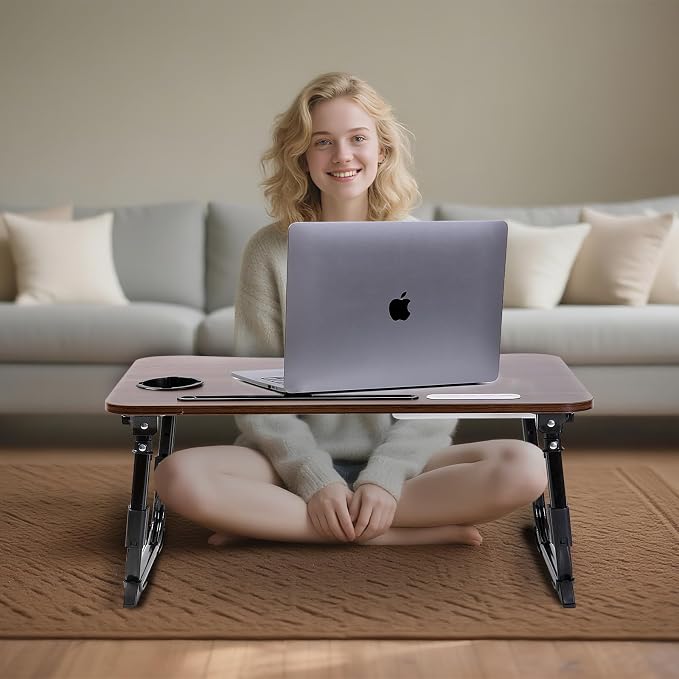 Laptop Desk for Bed, Height Adjustable Laptop Bed Table, Foldable Portable Lap Desk Stand with USB/Storage Drawer/Cup Holder/Slot, Breakfast Tray for Working Reading Writing Eating - Image 3