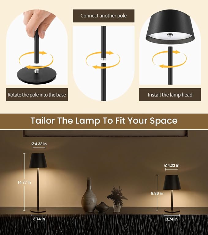 Cordless Table Lamp, Portable Battery Operated Lamp with 3 Color Temps and Stepless Dimming, Rechargeable Table Lamp for Dinner, Desk, Cafe, Outdoor (Black) - Image 7