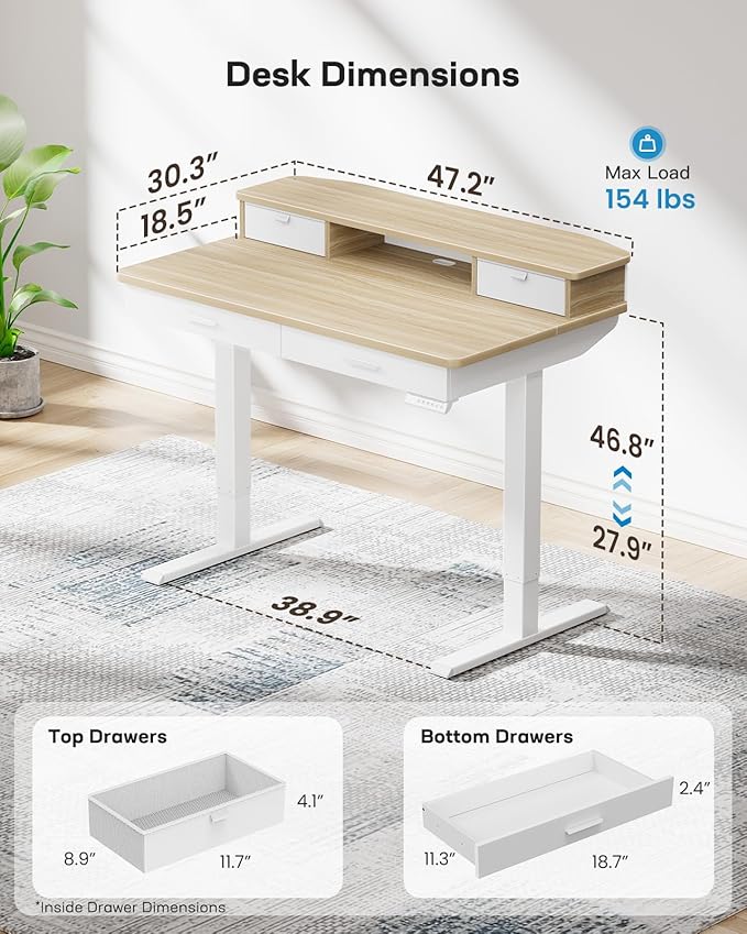 HUANUO 48 x 30 inch Electric Standing Desk with 2 Wood Drawers, Adjustable Height Sit Stand Desk for Home Office, Ergonomic Stand up Desk with 4 Memory Presets, 176 lbs Capacity, Natural Top - Image 3
