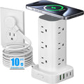 Tower Power Strip with 15W Wireless Charger, 10FT Flat Plug Extension Cord with Multiple Outlets, 12 AC Outlets, 4 USB Ports (2 USB C) Charging Station Surge Protector for Office Home Dorm Room(White) by Unknown